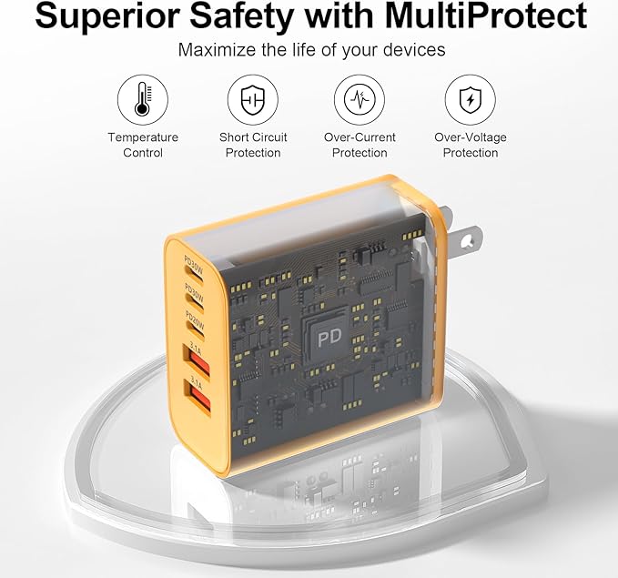 USB C Charger Block, 60W 5-Port Type C Charger Fast Charging Block, USBC USB Multiple Port Wall Charger Plug Adapter for iPhone 17/Air/16/15/14/13/12/11 Pro Max, Samsung Galaxy, iPad, Tablet (Yellow)