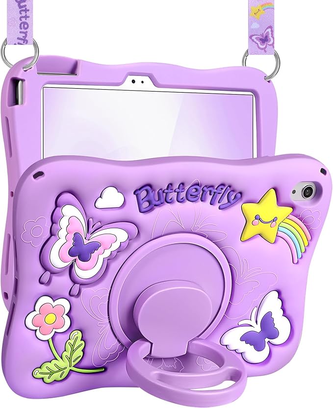 Kidcube for iPad 10th Generation Case 10.9 Inch 2022, for iPad A16 Case 11th Generation 2025 - Girls Cute Kawaii Girly 3D Purple Butterfly Design Cover with Rotating Stand & Strap Unique Silicone