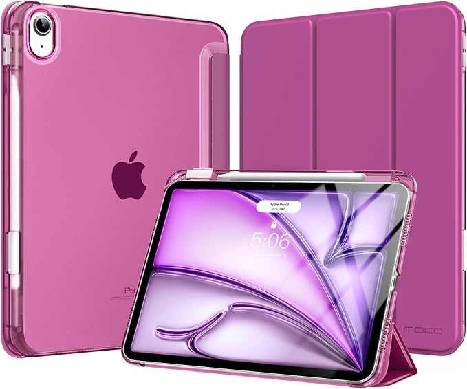 MoKo for iPad Air 11 inch Case (M4/M3/M2) 2026/2025/2024, iPad Air 5th/4th Gen 10.9 inch Case 2022/2020 with Pencil Holder, Slim Light Trifold Cover with Hard PC Translucent Back Shell, Fuchsia