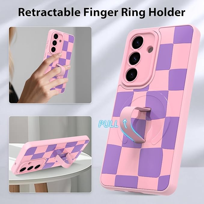 KANGHAR Compatible with Samsung Galaxy S26 Case, Support for MagSafe, Silicone Checkered Cute Pattern, Wristband Kickstand Camera Protection Soft Slim Cover for Girls Women -Pink