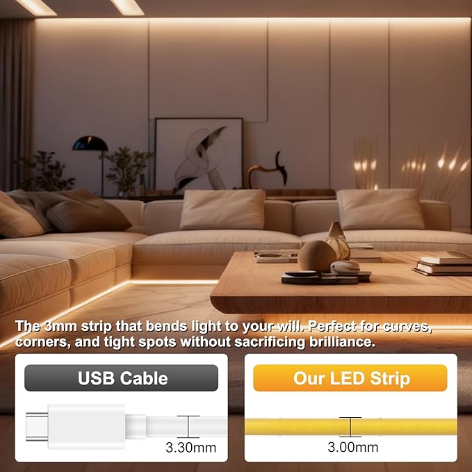 3mm COB Strip Light, DC 24V Cold White 16.4ft Flexible Cuttable Ultra-Thin LED Tape CRI>90 Uniform Dotless 400LEDs/M LED Light for Christmas Bedroom Home Kitchen Cabinet Decor (NO Power Supply)
