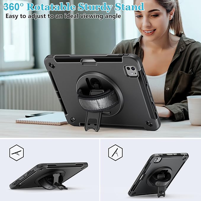 Case for iPad Pro 11 M5 2025/ M4 2024: Protective Cover for iPad Pro 11 Inch 5th Generation with Screen Protector- Stand- Handle- Shoulder Strap- Pencil Holder- Black