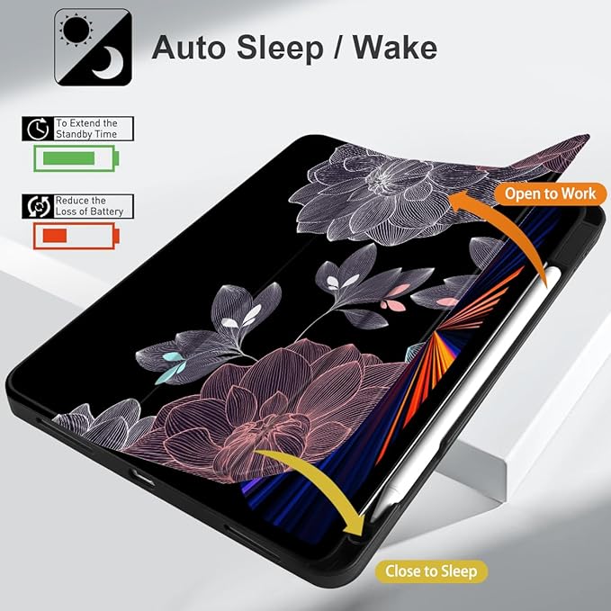 DONGKE Case for 2022/2021/2020/2018 iPad Pro 11 inch Gen 4/3/2/1 - Slim Protective Case - Built in Pencil Holder Support Charging - Trifold Stand & Sleep/Wake Cover - Elegant Flowers