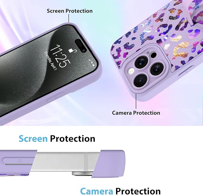 KANGHAR Compatible with iPhone 15 Pro Case, Support for MagSafe, Silicone Cute Iridescent Leopard Cheetah Pattern, Wristband Kickstand Shockproof Protective Slim Cover for Women Girls, Purple