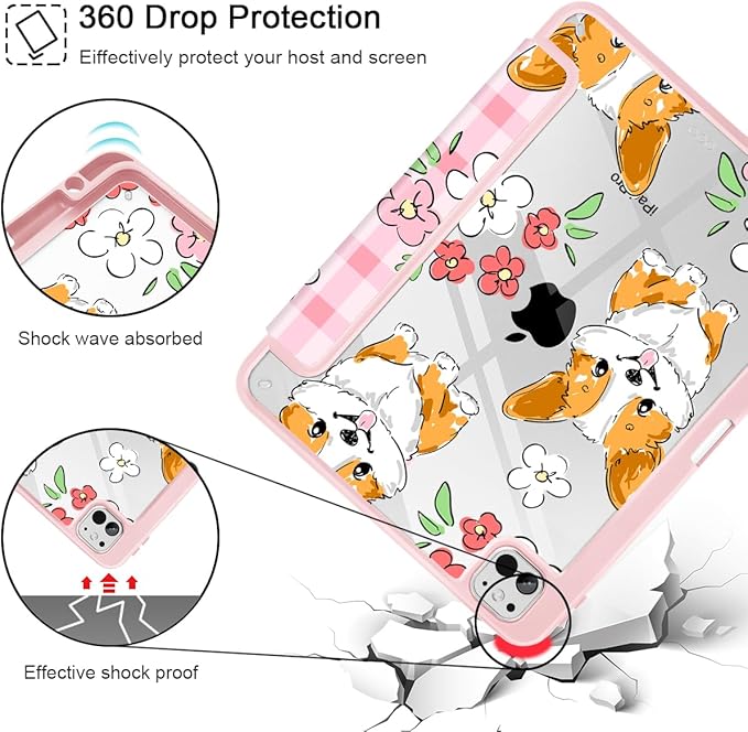 May Chen Case for iPad Pro 11-Inch M5/M4 2025/2024 (6th/5th Generation), [Penceil Holder] Trifold Stand Auto Wake/Sleep Clear TPU Protection Back Cover, Corgi Dog Stripes
