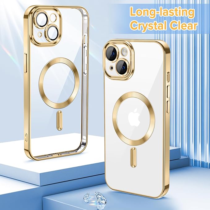 Hython Magnetic Clear for iPhone 13 Case with Camera Lens Protector [Compatible with MagSafe] Luxury Plating Edge Slim Soft TPU Cover Protective Phone Case for iPhone 13 6.1", Gold