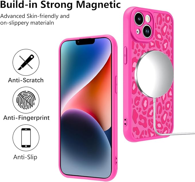KANGHAR Case for iPhone 14 Hot Pink Leopard Printed Pattern Cute Cheetah [Compatible with Magsafe] Protective Magnetic Case for Girls Women 6.1"