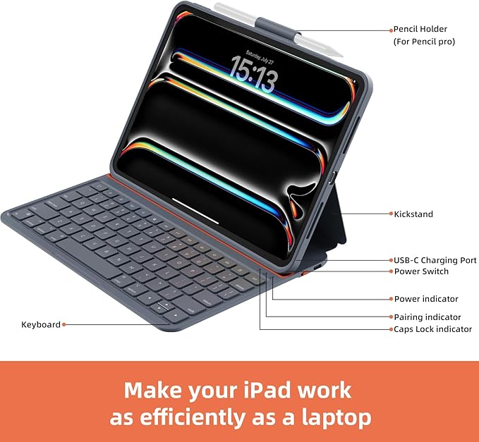 Magitype Case with Keyboard Compatible for iPad Pro 11 inch(M4/ M5): Bluetooth Wireless Magnetic Stand Rechargeable Keyboard with Pencil Holder (Light Grey)