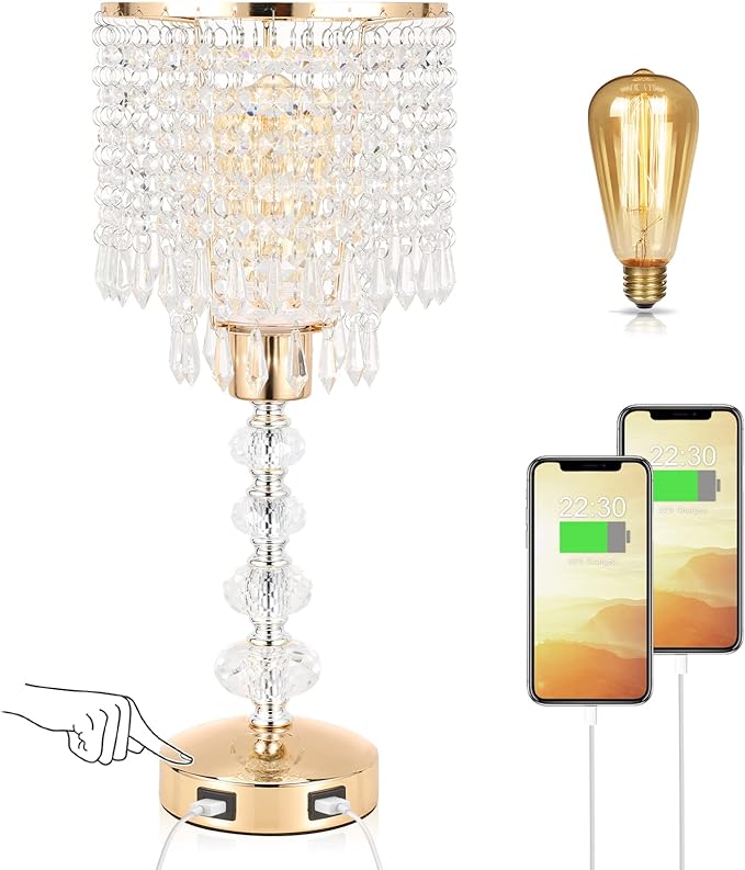 Crystal Table Bedside Lamp Touch Control, 3-Way Dimmable Small Nightstand Lamp with 2 USB Charging Ports, Decorative Gold Tabletop Lamp for Bedroom, Living Room and Guest Room
