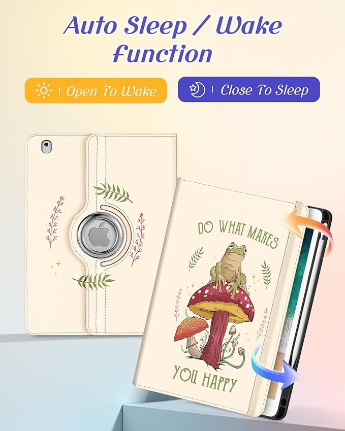 Kidcube for iPad 5th Generation Case 2017/Air 1st 2013/Pro 9.7 Inch Case 2016 - Women Girls Kids Cute Rotating Stand Folio Cover with Pencil Holder & Card Slot Cool Frog Mushroom Unique Design Cover
