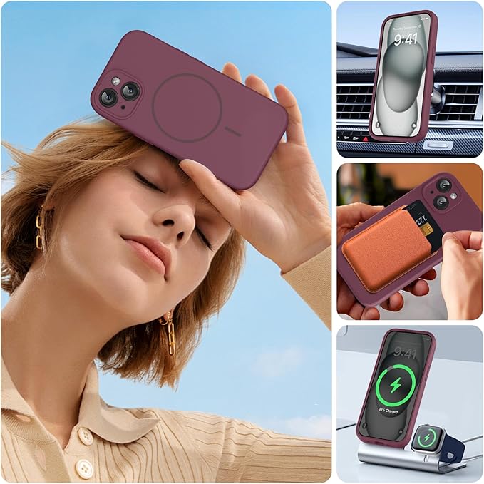 Miracase Magnetic for iPhone 15 Case, [Soft Anti-Scratch Microfiber Lining], Compatible with MagSafe, Liquid Silicone Case Shockproof Drop Protection Phone Case for 15,Wine Red
