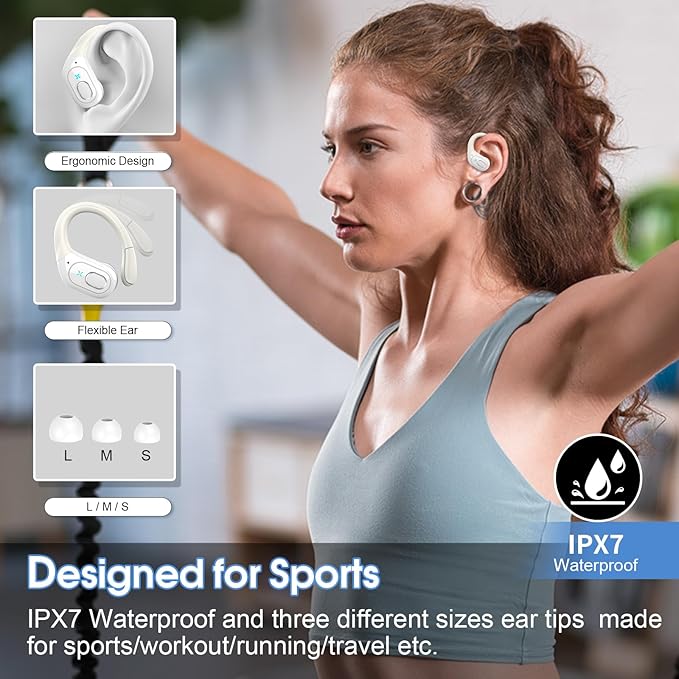 Wireless Earbuds 75hrs Bluetooth 5.4 Headphone Sport, 2026 Bluetooth Earbuds Stereo Deep Bass Over Ear Bud with Earhooks, ENC Noise Cancelling Mic, IPX7 Waterproof Earphone for Gym/Workout, White