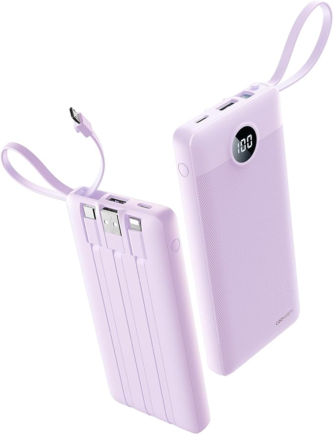Portable Charger with Built-in Cable, 10000mAh Slim USB C Power Bank, External Battery Pack 5 Outputs 2 Inputs LED Display Compatible with iPhone/Android & More (Lavender)