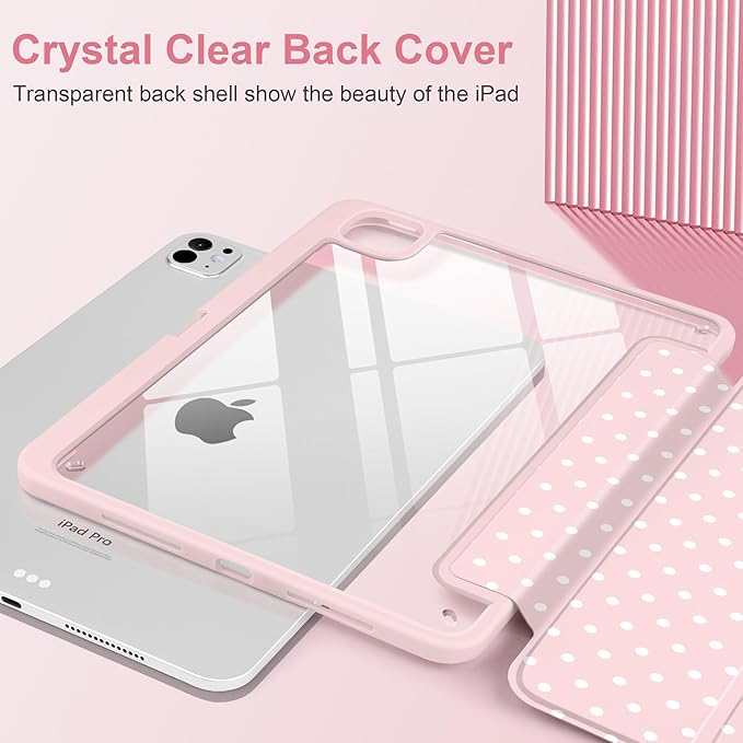 Case for iPad Pro 11 Inch (M5 2025 M4 2024) – [Built-in Pencil Holder], Shockproof & Stylish, Clear Hard Back + Soft TPU Edge, Magnetic Trifold Stand, Auto Wake/Sleep, Pink White dot