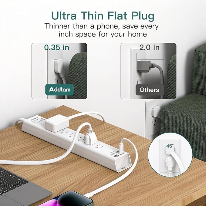 Addtam 10ft Power Strip Surge Protector, 6 Outlets and 4 USB Ports (2 USB C), 10 ft Long Extension Cord with Ultra Flat Plug, Wall Mount Desktop Charging Station for Home Office Dorm Room Essentials