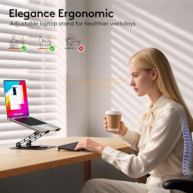 TECKNET Laptop Stand for Desk - 360° Rotating Base, Ergonomic Foldable Computer Stand for Laptop Riser, Height Adjustable, Compatible with MacBook Pro, Dell XPS, HP, and All Laptops 10-17" (Black)