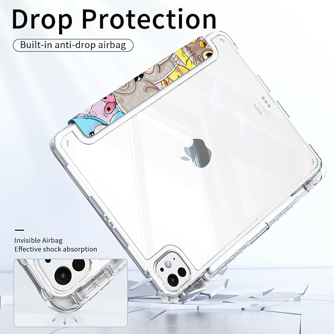 Cute Case for iPad Pro 11 Inch M4/M5 Chip 2024/2025 (A3357 A3358 A3359 A2836 A2837 A3006) with Pencil Holder, Shockproof Clear Back Cover Protector, Trifold Stand, Cute Animals