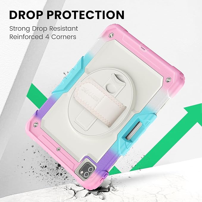 SEYMAC Case for iPad Pro 12.9 2022/2021/ 2020/2018, Heavy Duty Protection Shockproof Case with Screen Protector, 360° Rotating Stand/Handle/Shoulder Strap, Supports Pencil 2 Charging, Colorful Pink