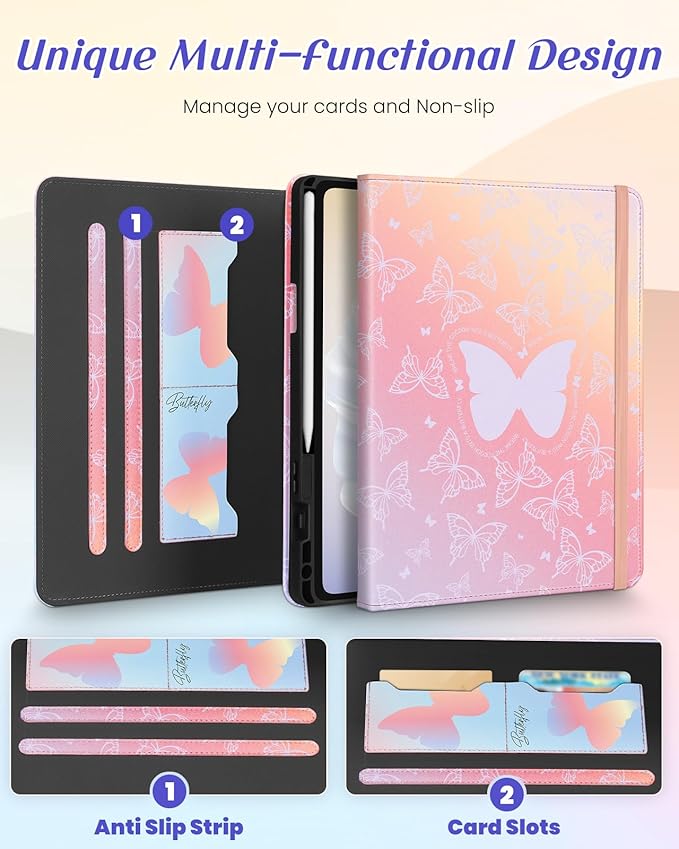 Kidcube for Samsung Galaxy Tab A9 Plus Case 11 Inch - for Women Girls Kids Cute Rotating Stand Folio Cover with Pencil Holder & Card Slot Girly Kawaii Butterfly Design for Samsung A9 Plus Tablet Cases