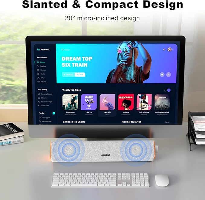SOULION R50 Bluetooth Computer Speakers, 3.5mm PC Sound Bar for Desktop Monitor, Wired USB Powered & Colorful LED Lights with Switch Button, Surround Sound Soundbar PC Spearkers for Computer, White