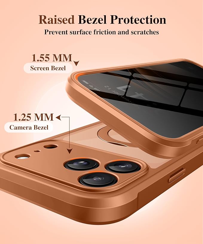 BERFY for iPhone 17 Pro Max Case, Compatible with MagSafe, Built in Privacy Screen Protector, Shockproof Full Body Phone Case for 17 Pro Max with Magnetic Stand, Clear Orange