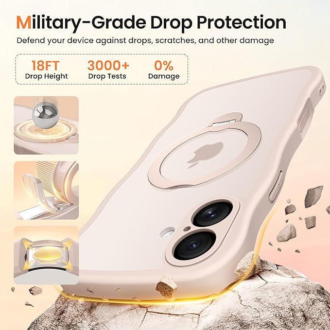 CAPRARO for iPhone 16 Case with 360° Spin Magnetic Stand for Women, [Compatible with MagSafe] [Full Camera Protection] Cute Wave Translucent Matte Case for iPhone 16, Pink Gold