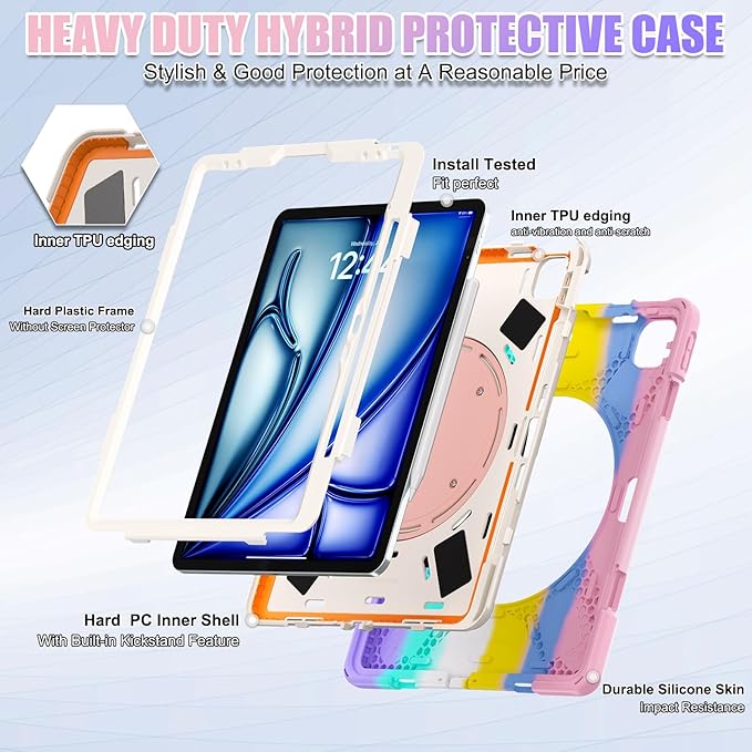 SCSVPN Kids Case for iPad Air 13 inch M4/M3/M2 2026 2025 2024 & iPad Pro 12.9'' 6th/5th/4th/3rd Gen 2022 2021 2020 2018, Protective Cover with Pencil Holder-Stand-Handle-Shoulder Strap, Colorful Pink