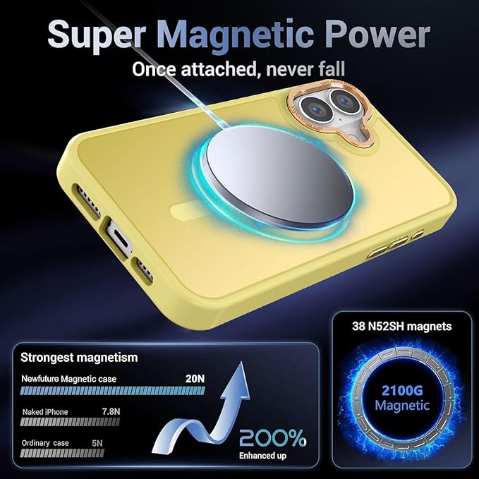 Newfuture Designed for iPhone 16 Case with Magnetic [13 FT Military Drop Protection] [Compatible with Magsafe] Slim Translucent Matte Shockproof with Anti-Fingerprint Phone Case, Yellow