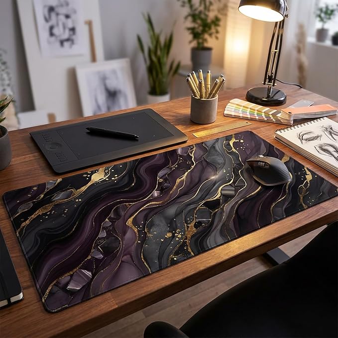 AQQA Purple Marble Desk Pad - Abstract Gold Foil Large Gaming Mouse Pad - XL Non-Slip Rubber Base Keyboard Mat - Aesthetic Desk Mat for Office & Home Decor - Extended Water-Resistant Table Protector