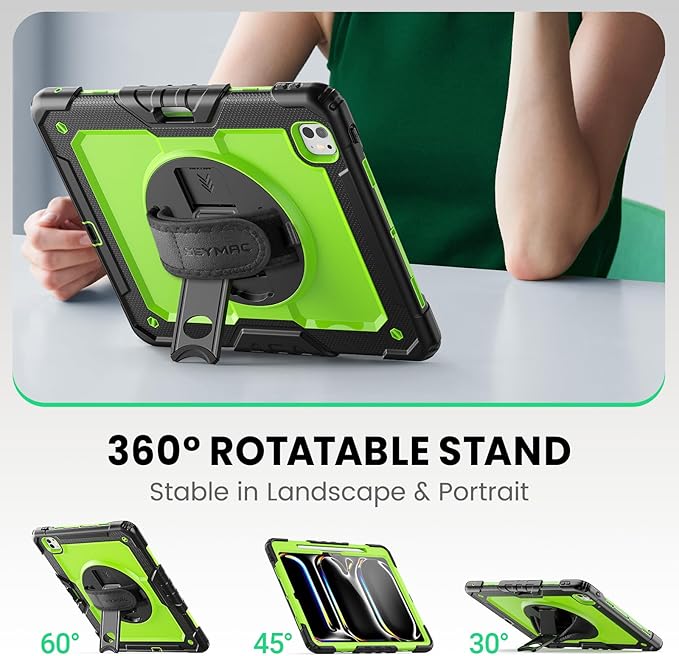 SEYMAC Case for iPad Pro 13 Inch M5 2025 / M4 2024, Heavy Duty Shockproof Protective Case with Screen Protector, 360° Rotating Stand, Hand/Shoulder Strap and Pen Holder, Green