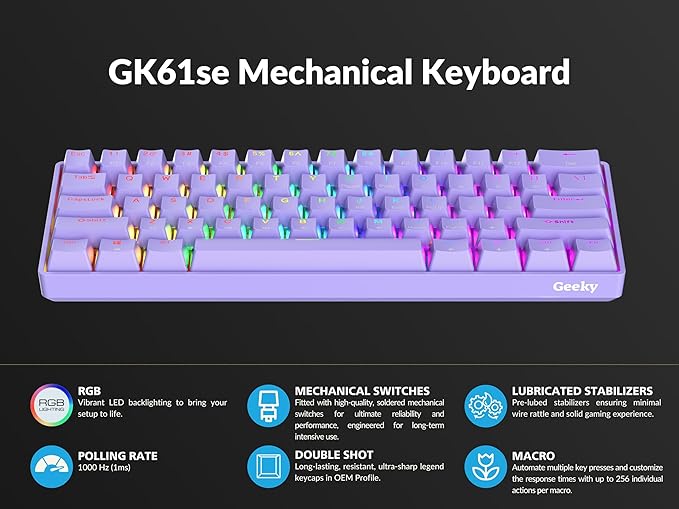 Geeky GK61 SE 60% | Mechanical Gaming Keyboard | 61 Keys Multi Color RGB LED Backlit for PC/Mac Gamer | ANSI US American Layout (Lavender, Mechanical Red)