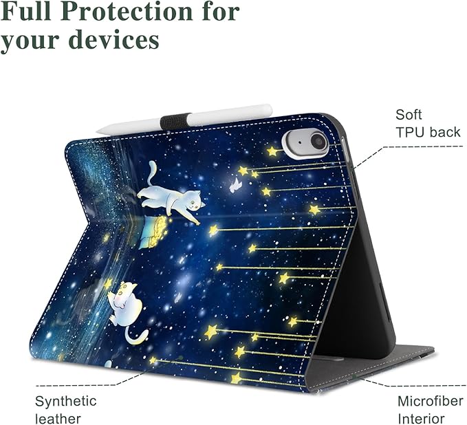 Vimorco Case for iPad (A16) 11th Generation 2025, for iPad 11th/10th Generation Case, Pencil Holder/Hand Strap/Pocket, Multiple Stand Protector PU Leather Shell Cover,Auto Wake/Sleep, Cat Picks Stars