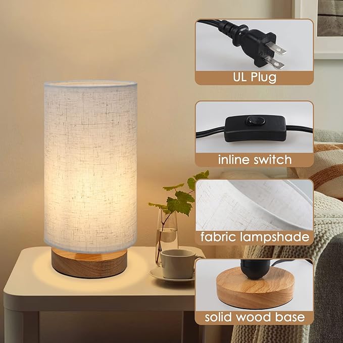 Minimalist Dimmable Nightstand Lamp with Round Fabric Linen Shade, 3 Color Temperatures, Desk & Bedside Lamp for Study, Living Room, Bedroom, Office, Dorm