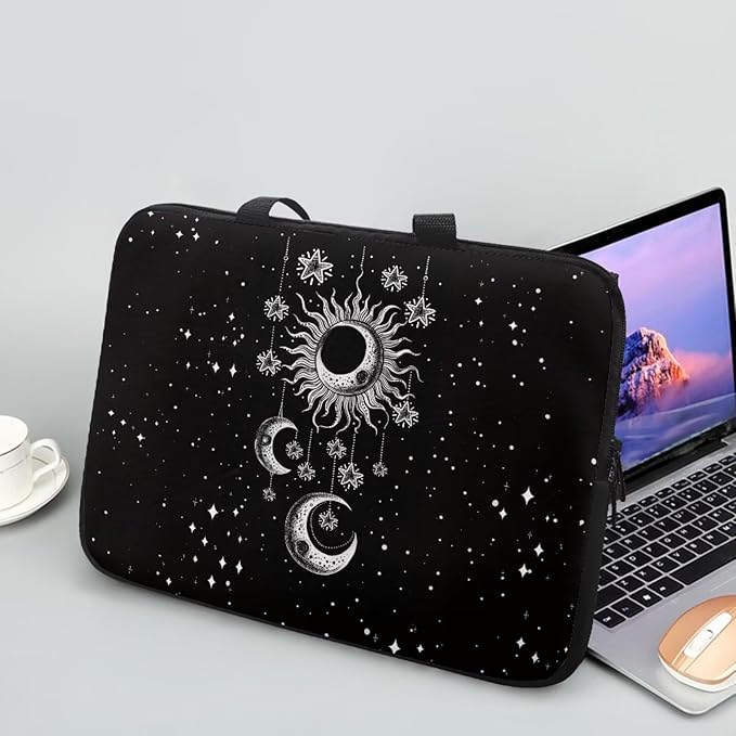 Sun Moon Stars Laptop Sleeve Case for Women Protective Soft Padded Zipper Cover Carrying Computer Bag Compatible with 12 Inch Notebook Chromebook Tablet, Galaxy Space, Black