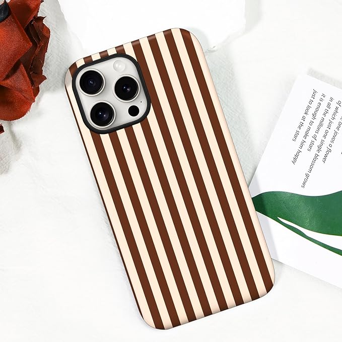 Magnetic for iPhone 16 Pro Max Case Cute Stripes Phone Case, Shockproof Slim TPU and Hard PC Protective Phone Cover Compatible with MagSafe Designed for Women Girls, Brown