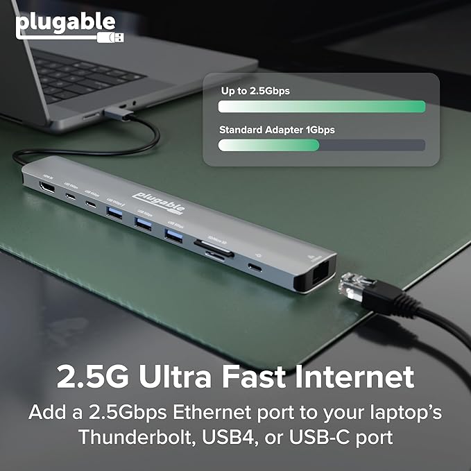 Plugable USB C Hub: 10-in-1 Multiport Adapter (8K/4K 144Hz HDMI 2.1, 2.5G Ethernet, 140W Charging, 10Gbps Data) Driverless IT Deployment for MacBook Pro/Air Windows Thunderbolt Chromebook, USBC-10IN1E
