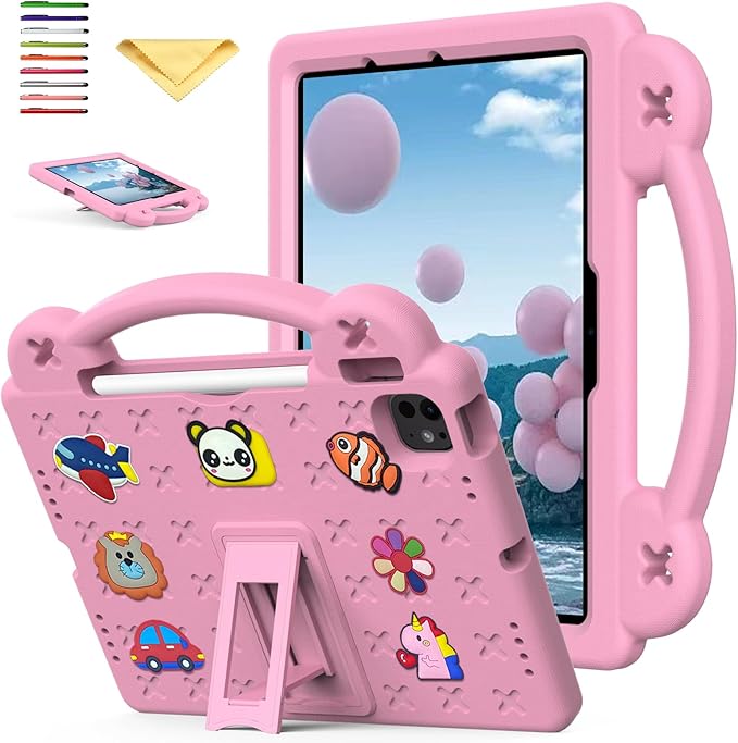 for Apple iPad Pro 11 Inch Kids Case (M5/M4) 2025/2024 with Pencil Holder/Kickstand/Handle Stand Slim Lightweight Cute DIY Soft EVA Shockproof Rugged Silicone Girls Boys Cover, Pink Bear