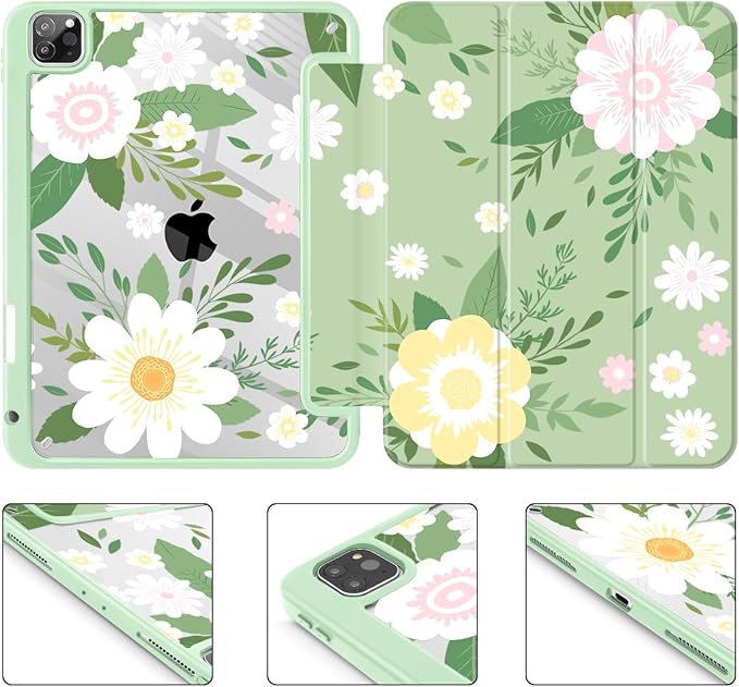 Tuiklol for iPad Pro 12.9 Inch 6th/5th/4th/3rd Generation 2022 2021 2020 2018 Case,Built-in Pencil Holder Clear Transparent Protective Back Shell Cover with Auto Sleep/Wake, Flowers Green