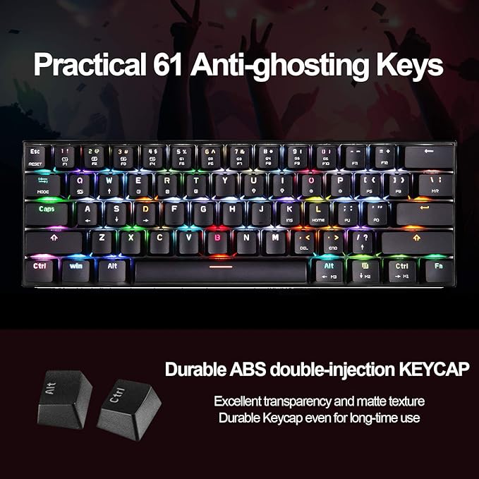 MOTOSPEED 60% Mechanical Keyboard Portable 61 Keys RGB LED Backlit Type-C USB Wired Office/Gaming Keyboard for Mac, Android, Windows（Red Switch）