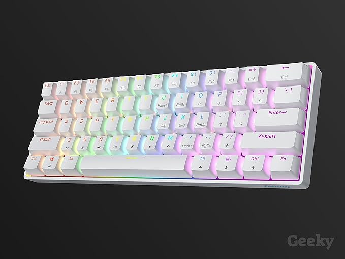 Geeky GK61 60% | Hot Swappable Mechanical Gaming Keyboard | 61 Keys Multi Color RGB LED Backlit for PC/Mac Gamer | ANSI US American Layout (White, Mechanical Brown)