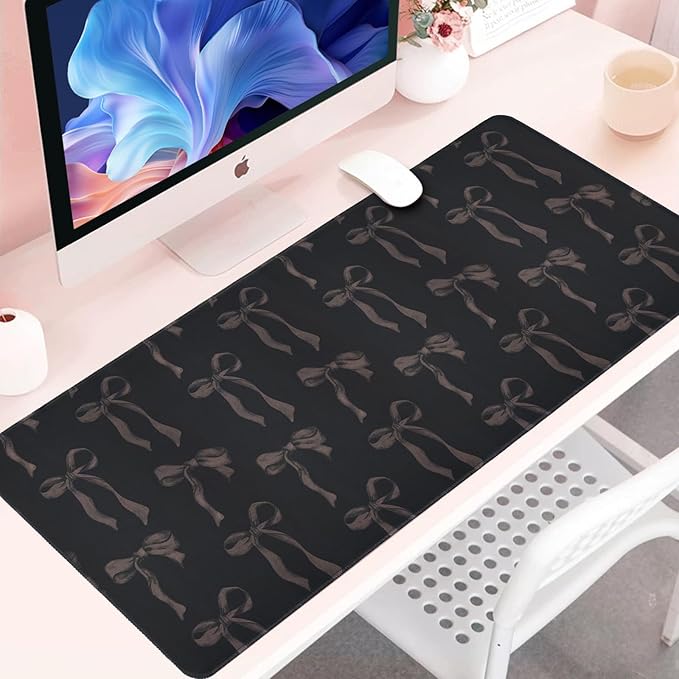 Black Desk Mat Bows, Cute Bow Mouse Pad Desk Matt for Desktop, 31.5 x 11.8” Extra Large Black Laptop Keyboard Computer Mat, Non-Slip Base, Stitched Edge, Girly Office Décor Desk Accessories for Women