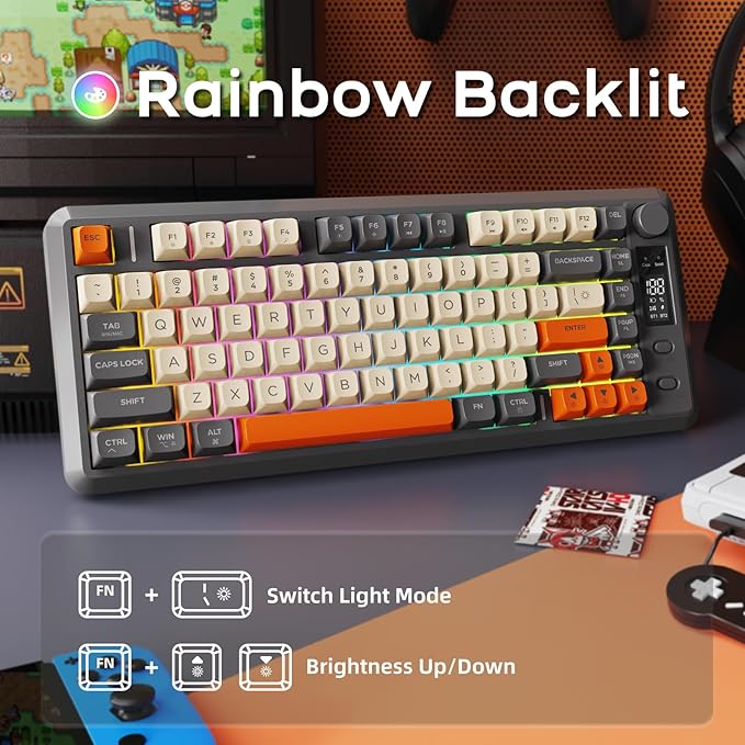 FREEWOLF M75 Wireless Gaming Keyboard Mechanical Feel Membrane with Knob & OLED Display Bluetooth/2.4Ghz Rainbow Backlit Gradient PBT Keycaps 2000mAH Battery Anti-Ghosting-Dark Grey
