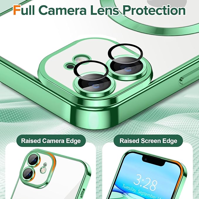Hython Magnetic Clear for iPhone 11 Case with Camera Lens Protector [Compatible with MagSafe] Luxury Plating Edge Slim Soft TPU Cover Protective Phone Case for iPhone 11 6.1", Light Green