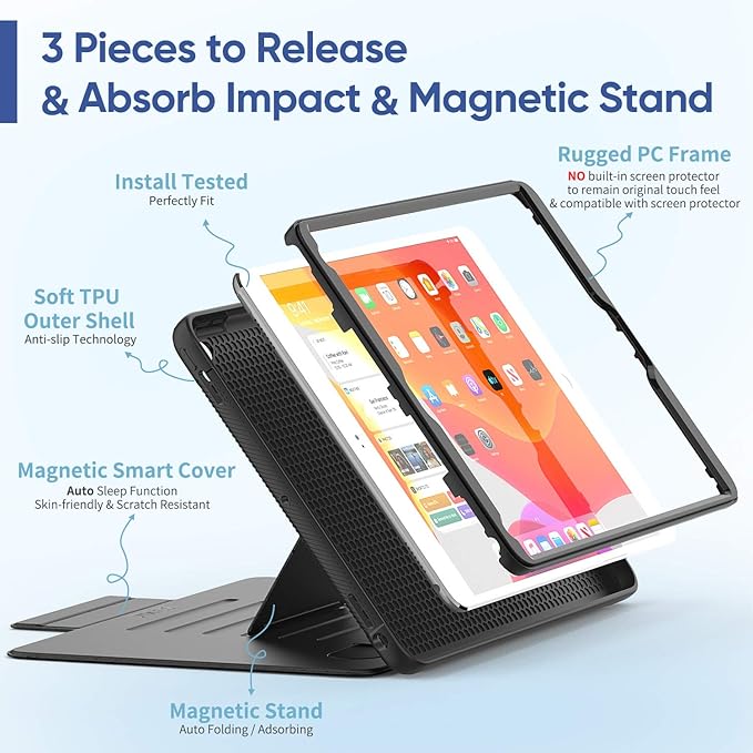 SEYMAC stock Case for iPad 6th/5th Generation/Air 2/Pro 9.7'', Strong Magnetic Auto Sleep Shockproof Case with Absorbing Multi-Angles Stand, Pen Holder, Card Slot (Black)