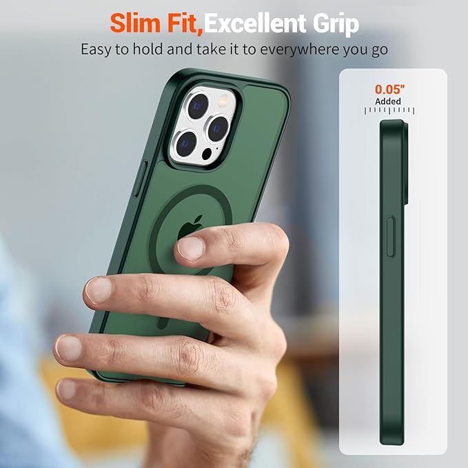 SUPFINE Magnetic for iPhone 14 Pro Max Case(Compatible with MagSafe)(Military Grade Drop Protection) Slim Translucent Matte Shockproof with Anti-Fingerprint Phone Case,Forest Green