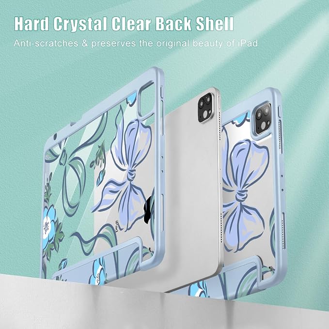 Mektron Case for iPad Pro 11 inch (4th, 3rd, 2nd & 1st Gen) 2022 2021 2020 2018, Buit in Pencil Holder with Shockproof Cover Clear Shell + Trifold Stand + Auto Wake/Sleep, Bows C355