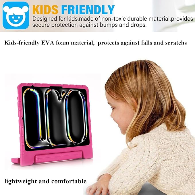 Kids Case for iPad Air 13-inch M3/M2 & iPad Pro 13 inch Case M5/M4 (2025/2024) with Pencil Holder/Kickstand Lightweight Convertible Handle Stand EVA Shockproof Rugged Protective Cover, Rose