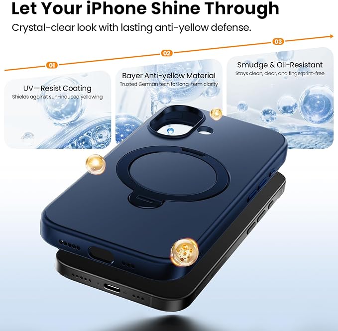360°Ring Stand for iPhone 17 Case, Compatible with MagSafe, Military-Grade Protective,Anti-Yellowing, Scratch-Resistant Back Cover Phone Case for iPhone 17 6.3", Blue