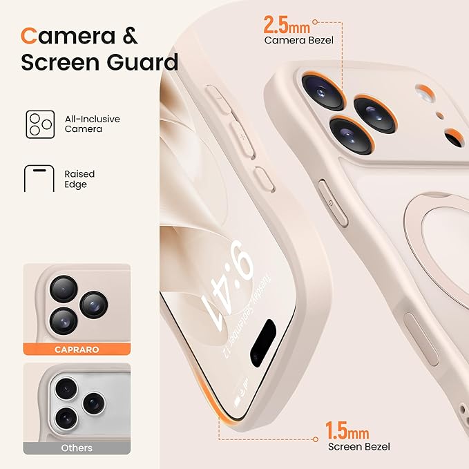 CAPRARO for iPhone 17 Pro Case with 360° Spin Magnetic Stand for Women, [Compatible with MagSafe] [Full Camera Protection] Cute Wave Translucent Matte Case for iPhone 17 Pro, Rose Gold