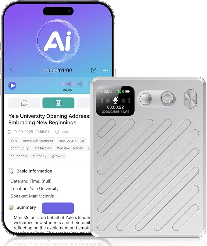 AI Voice Recorder, Note Taking Device, Transcribe & Summarize, Voice Recorder With Display, App Control, Supports 132+ Languages, 100H, 64GB, Magnetic Audio Recorder for Lectures Meetings Calls,Silver